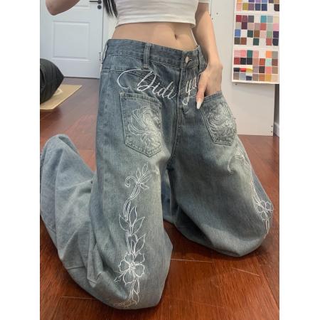 FA54635# 美式复古刺绣花卉牛仔裤女秋季新款水洗弯刀阔腿裤显瘦拖地裤  服裝批發女裝批發服飾貨源
