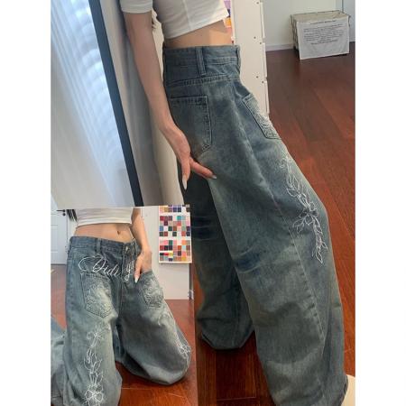 FA54635# 美式复古刺绣花卉牛仔裤女秋季新款水洗弯刀阔腿裤显瘦拖地裤  服裝批發女裝批發服飾貨源