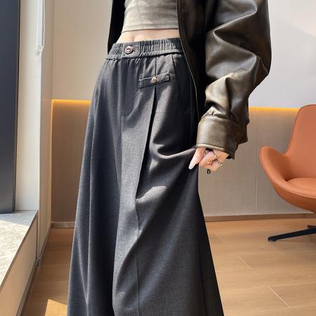 FA54636# 天丝仿牛仔西装阔腿裤女春夏新款高腰垂感宽松松紧腰九分直筒裤子  服裝批發女裝批發服飾貨源