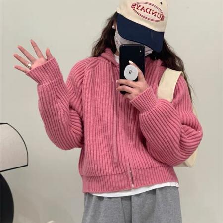 FA54638# 连帽短款针织开衫上衣女秋冬季新款毛衣外套女宽松慵懒风  服裝批發女裝批發服飾貨源