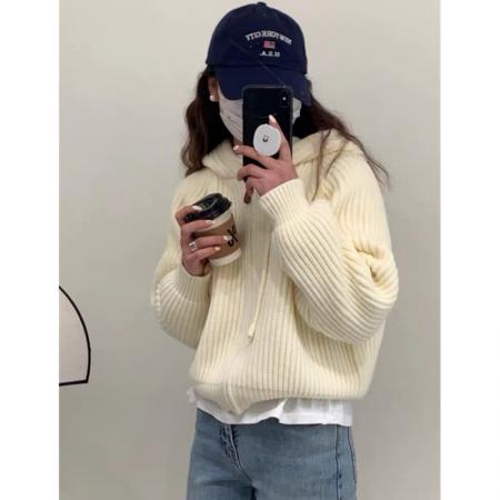 FA54638# 连帽短款针织开衫上衣女秋冬季新款毛衣外套女宽松慵懒风  服裝批發女裝批發服飾貨源