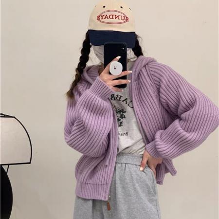 FA54638# 连帽短款针织开衫上衣女秋冬季新款毛衣外套女宽松慵懒风  服裝批發女裝批發服飾貨源