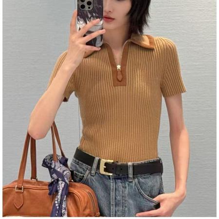FA54639# 春夏新款Polo坑条针织衫毛衣女秋冬修身短袖t恤上衣  服裝批發女裝批發服飾貨源
