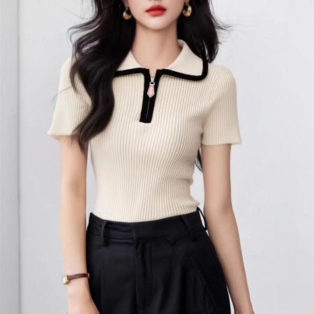 FA54639# 春夏新款Polo坑条针织衫毛衣女秋冬修身短袖t恤上衣  服裝批發女裝批發服飾貨源