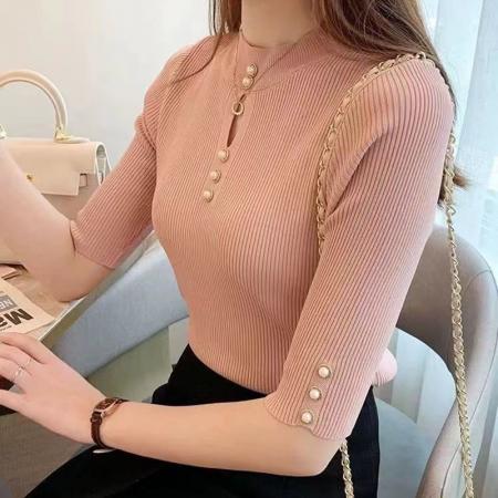 FA54640# 春夏搭小西装打底衫女设计感小众半高领新款针织衫上衣T恤  服裝批發女裝批發服飾貨源