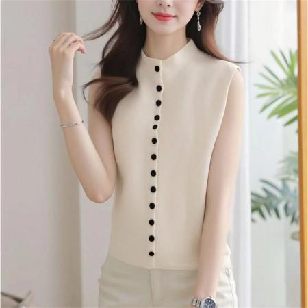 FA54641# 春夏新款简约百搭针织开衫马甲背心女设计感排扣无袖上衣  服裝批發女裝批發服飾貨源