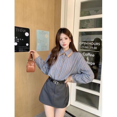 FA54642# 复古设计感条纹长袖衬衫女小众新款别致高级感Polo领上衣  服裝批發女裝批發服飾貨源