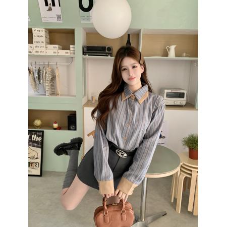 FA54642# 复古设计感条纹长袖衬衫女小众新款别致高级感Polo领上衣  服裝批發女裝批發服飾貨源