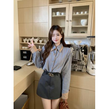 FA54642# 复古设计感条纹长袖衬衫女小众新款别致高级感Polo领上衣  服裝批發女裝批發服飾貨源