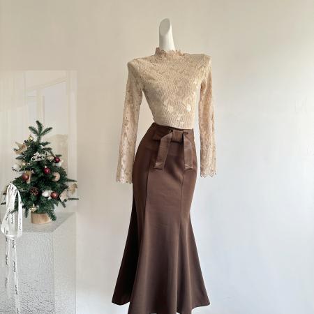 FA54644# 焦糖栗影设计感亲肤蕾丝内搭上衣毛毛外套女高腰半裙  服裝批發女裝批發服飾貨源