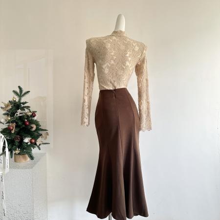 FA54644# 焦糖栗影设计感亲肤蕾丝内搭上衣毛毛外套女高腰半裙  服裝批發女裝批發服飾貨源