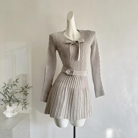 FA54645# 燕麦松饼燕麦灰蝴蝶结针织上衣羊毛半裙气质套装女  服裝批發女裝批發服飾貨源