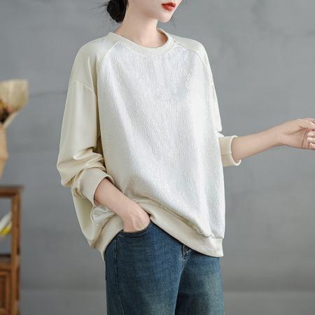 FA54647# 文艺缎面提花拼接肌理卫衣女秋季新款圆领宽松慵懒风长袖上衣  服裝批發女裝批發服飾貨源