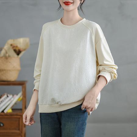 FA54647# 文艺缎面提花拼接肌理卫衣女秋季新款圆领宽松慵懒风长袖上衣  服裝批發女裝批發服飾貨源