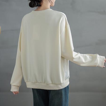 FA54647# 文艺缎面提花拼接肌理卫衣女秋季新款圆领宽松慵懒风长袖上衣  服裝批發女裝批發服飾貨源