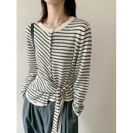 FA54652# 秋季新款设计感撞色条纹系带长袖针织衫胖mm显瘦不规则T恤女  服裝批發女裝批發服飾貨源