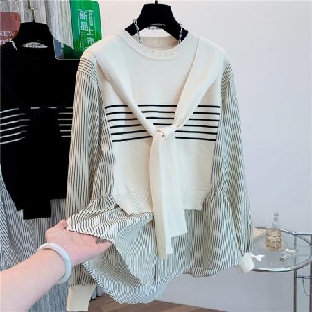 FA54653# 早秋新款设计感马甲拼接假两件大码女装学院风针织披肩衬衫  服裝批發女裝批發服飾貨源