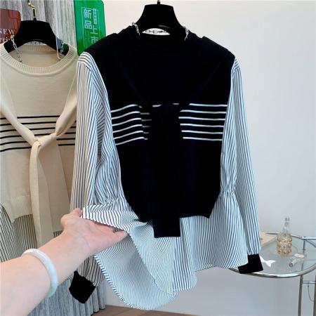 FA54653# 早秋新款设计感马甲拼接假两件大码女装学院风针织披肩衬衫  服裝批發女裝批發服飾貨源