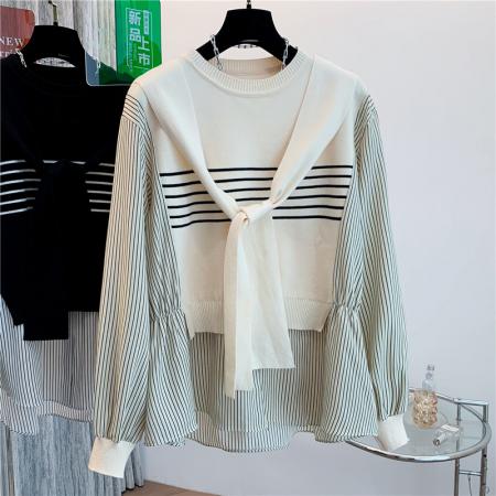 FA54653# 早秋新款设计感马甲拼接假两件大码女装学院风针织披肩衬衫  服裝批發女裝批發服飾貨源