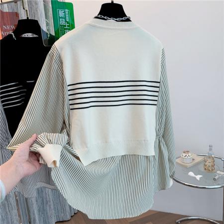 FA54653# 早秋新款设计感马甲拼接假两件大码女装学院风针织披肩衬衫  服裝批發女裝批發服飾貨源