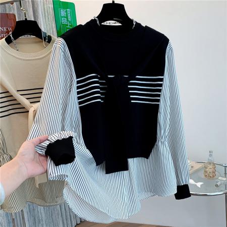 FA54653# 早秋新款设计感马甲拼接假两件大码女装学院风针织披肩衬衫  服裝批發女裝批發服飾貨源