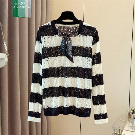 FA54654# 大码女装早秋新款设计感丝巾领长袖针织衫条纹镂空罩衫上衣  服裝批發女裝批發服飾貨源