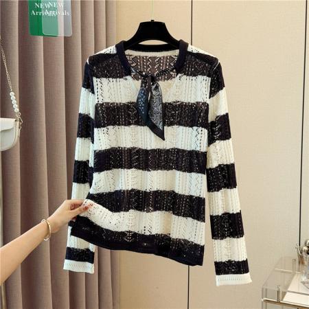 FA54654# 大码女装早秋新款设计感丝巾领长袖针织衫条纹镂空罩衫上衣  服裝批發女裝批發服飾貨源