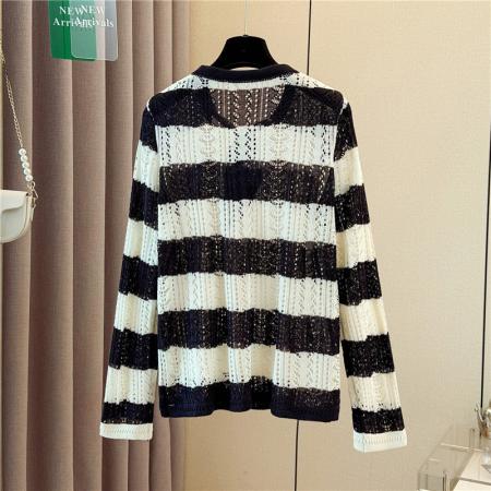 FA54654# 大码女装早秋新款设计感丝巾领长袖针织衫条纹镂空罩衫上衣  服裝批發女裝批發服飾貨源