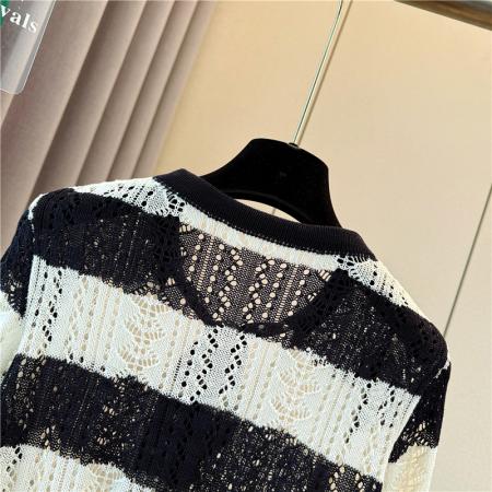 FA54654# 大码女装早秋新款设计感丝巾领长袖针织衫条纹镂空罩衫上衣  服裝批發女裝批發服飾貨源