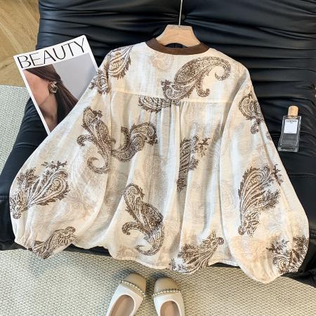 FA54655# 大码时尚波西米亚风棉麻印花长袖拼接立领宽松上衣女  服裝批發女裝批發服飾貨源