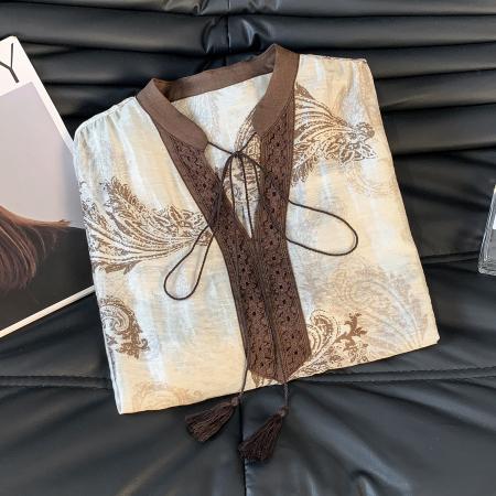 FA54655# 大码时尚波西米亚风棉麻印花长袖拼接立领宽松上衣女  服裝批發女裝批發服飾貨源