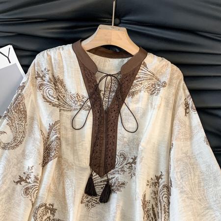 FA54655# 大码时尚波西米亚风棉麻印花长袖拼接立领宽松上衣女  服裝批發女裝批發服飾貨源