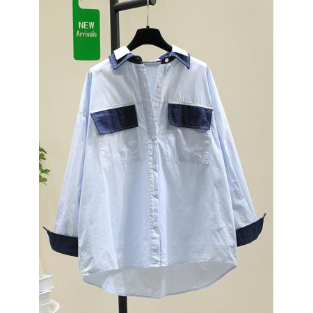 FA54656# 欧洲站秋季新款牛仔拼接长袖衬衫设计感双重领胖mm宽松上衣女  服裝批發女裝批發服飾貨源