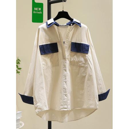 FA54656# 欧洲站秋季新款牛仔拼接长袖衬衫设计感双重领胖mm宽松上衣女  服裝批發女裝批發服飾貨源