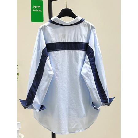 FA54656# 欧洲站秋季新款牛仔拼接长袖衬衫设计感双重领胖mm宽松上衣女  服裝批發女裝批發服飾貨源