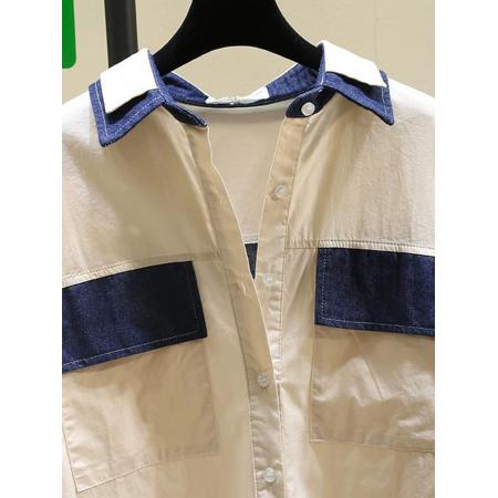 FA54656# 欧洲站秋季新款牛仔拼接长袖衬衫设计感双重领胖mm宽松上衣女  服裝批發女裝批發服飾貨源