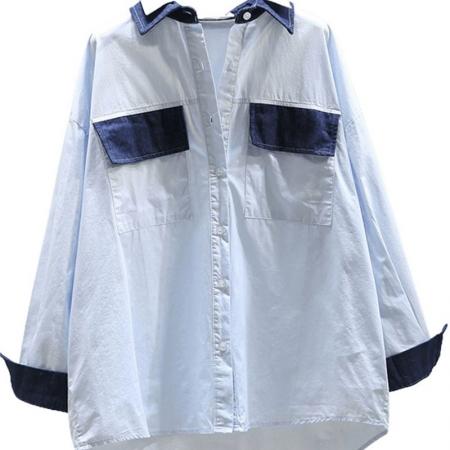 FA54656# 欧洲站秋季新款牛仔拼接长袖衬衫设计感双重领胖mm宽松上衣女  服裝批發女裝批發服飾貨源