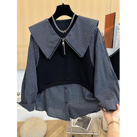 FA54657# 秋季新款时尚娃娃领格子拼接长袖衬衫女宽松显瘦假两件上衣  服裝批發女裝批發服飾貨源