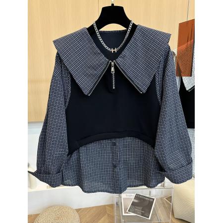 FA54657# 秋季新款时尚娃娃领格子拼接长袖衬衫女宽松显瘦假两件上衣  服裝批發女裝批發服飾貨源