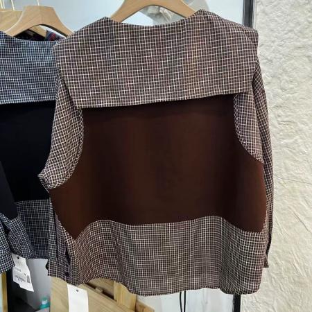 FA54657# 秋季新款时尚娃娃领格子拼接长袖衬衫女宽松显瘦假两件上衣  服裝批發女裝批發服飾貨源