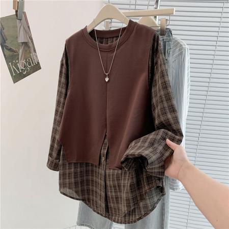 FA54658# 设计感小众格子长袖衬衫拼接卫衣秋季新款宽松假两件上衣女  服裝批發女裝批發服飾貨源