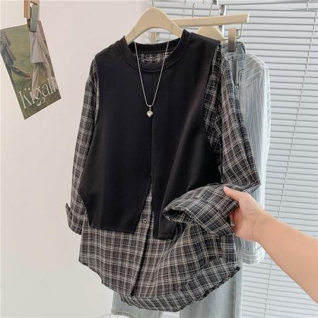 FA54658# 设计感小众格子长袖衬衫拼接卫衣秋季新款宽松假两件上衣女  服裝批發女裝批發服飾貨源