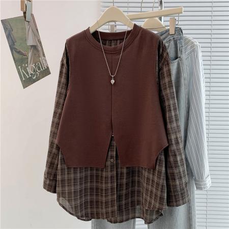 FA54658# 设计感小众格子长袖衬衫拼接卫衣秋季新款宽松假两件上衣女  服裝批發女裝批發服飾貨源