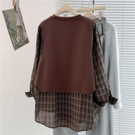 FA54658# 设计感小众格子长袖衬衫拼接卫衣秋季新款宽松假两件上衣女  服裝批發女裝批發服飾貨源