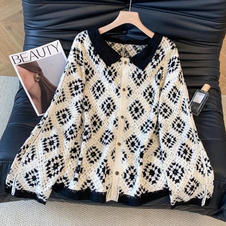 FA54659# 小香风宽松棉线钩花菱格镂空毛衣开衫秋季新款针织衫外套女  服裝批發女裝批發服飾貨源