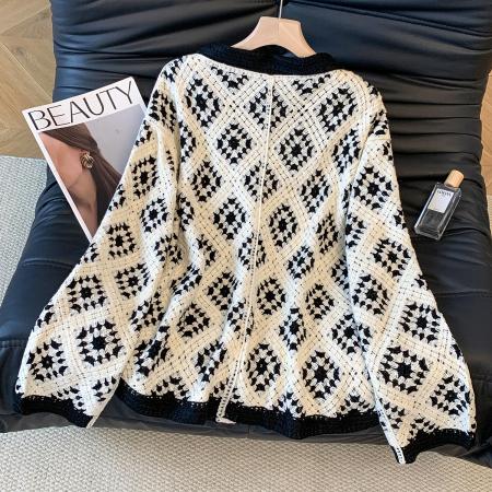 FA54659# 小香风宽松棉线钩花菱格镂空毛衣开衫秋季新款针织衫外套女  服裝批發女裝批發服飾貨源