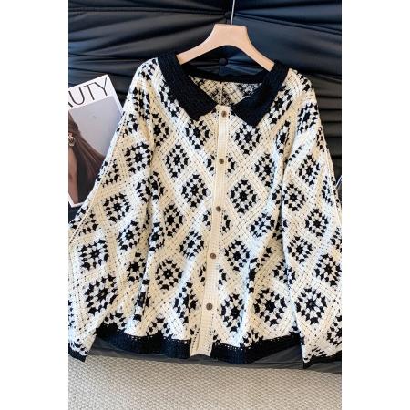 FA54659# 小香风宽松棉线钩花菱格镂空毛衣开衫秋季新款针织衫外套女  服裝批發女裝批發服飾貨源