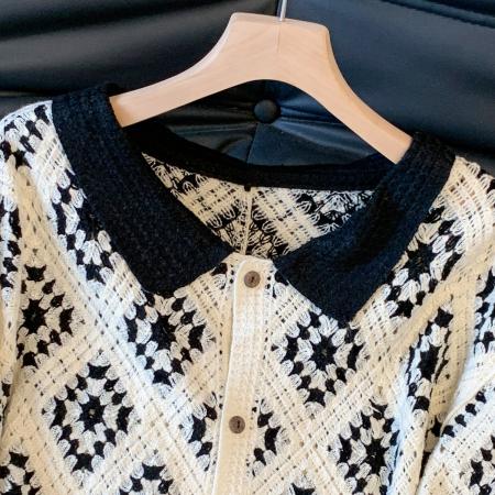 FA54659# 小香风宽松棉线钩花菱格镂空毛衣开衫秋季新款针织衫外套女  服裝批發女裝批發服飾貨源