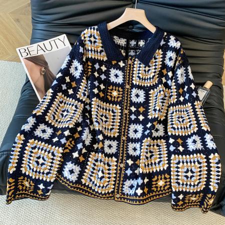 FA54660# 设计感小众翻领毛衣秋季新款上衣宽松钩花针织开衫外套女  服裝批發女裝批發服飾貨源