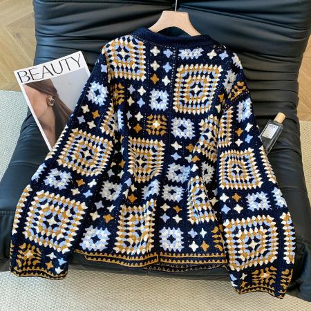 FA54660# 设计感小众翻领毛衣秋季新款上衣宽松钩花针织开衫外套女  服裝批發女裝批發服飾貨源